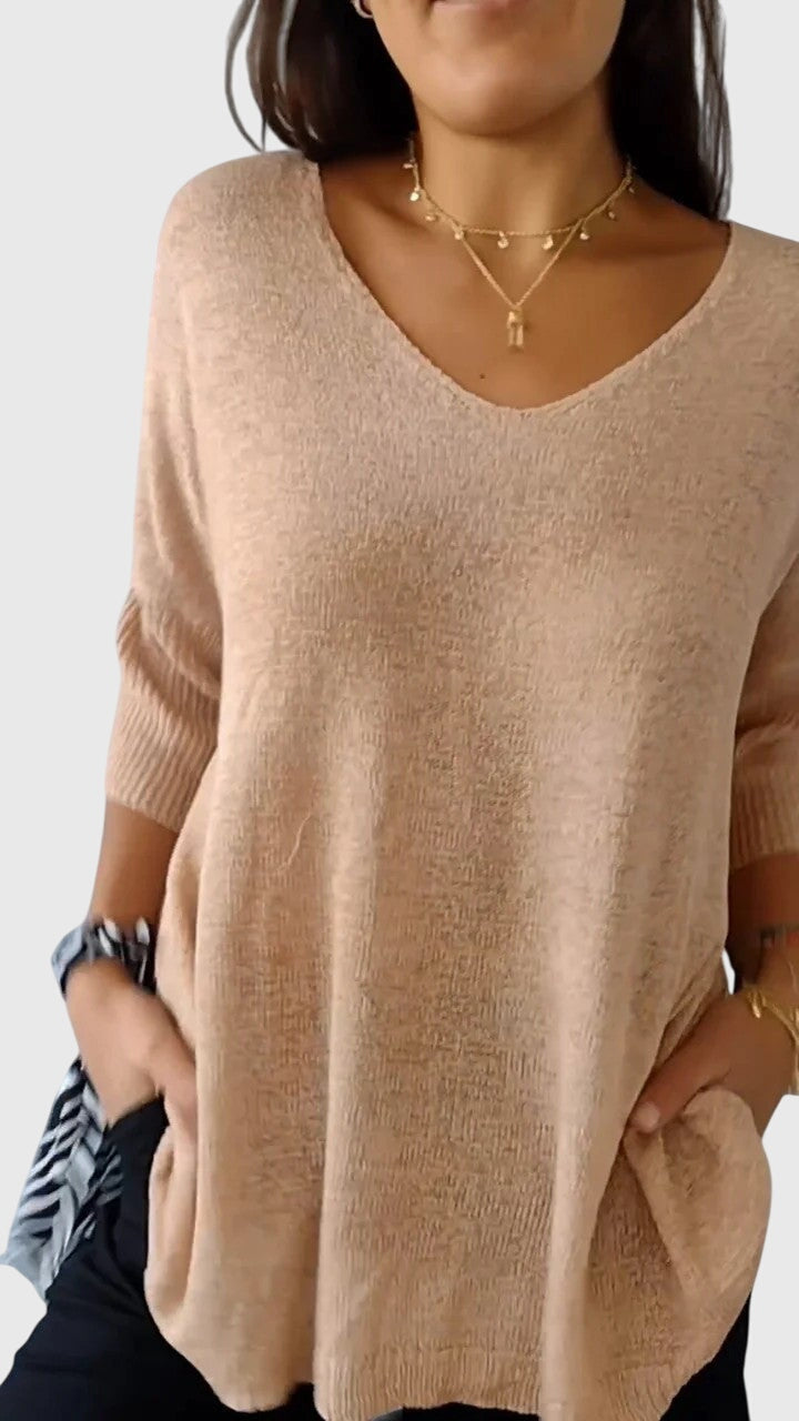 Solid Color Knitted V-neck Top