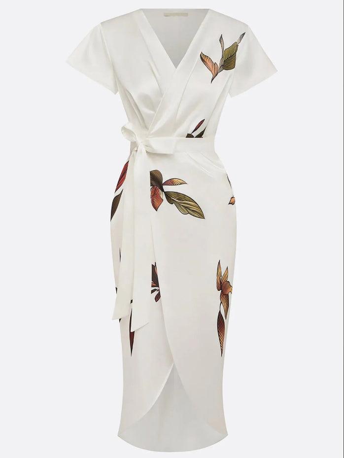 Shine - White Leaf-Patterned Midi Dress