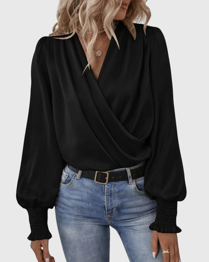 V-Neck Elegant Solid Color Blouse with Balloon Sleeves