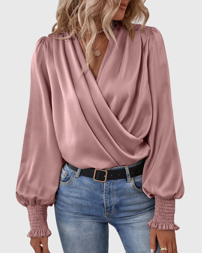 V-Neck Elegant Solid Color Blouse with Balloon Sleeves