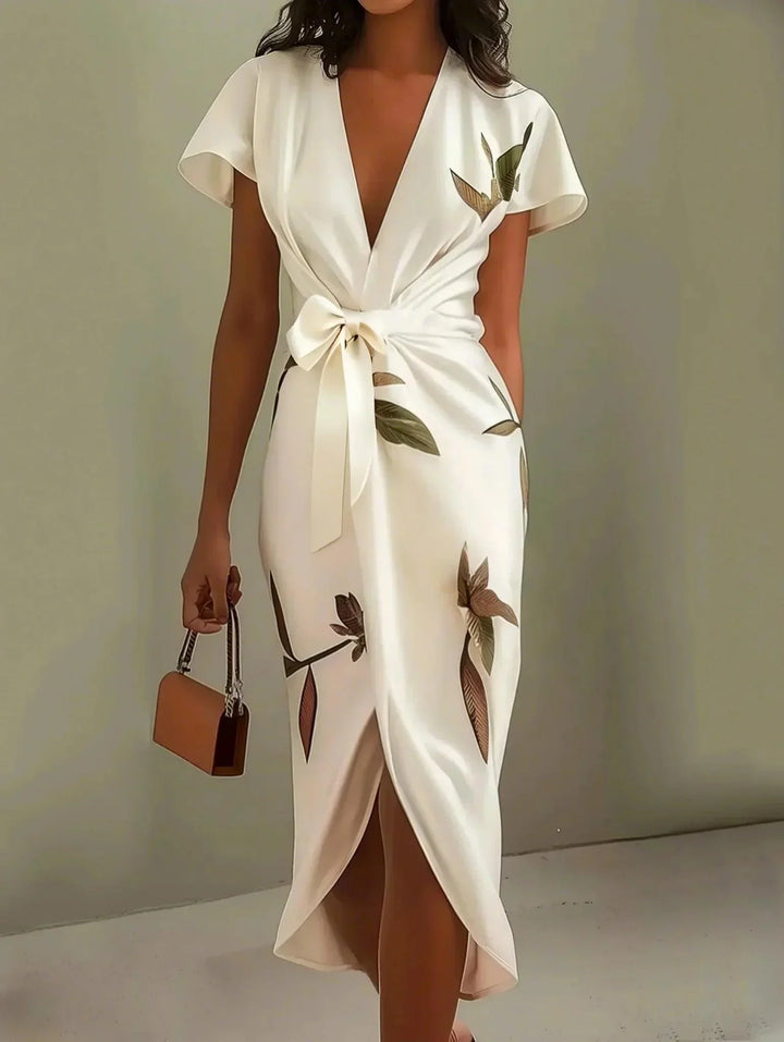 Shine - White Leaf-Patterned Midi Dress