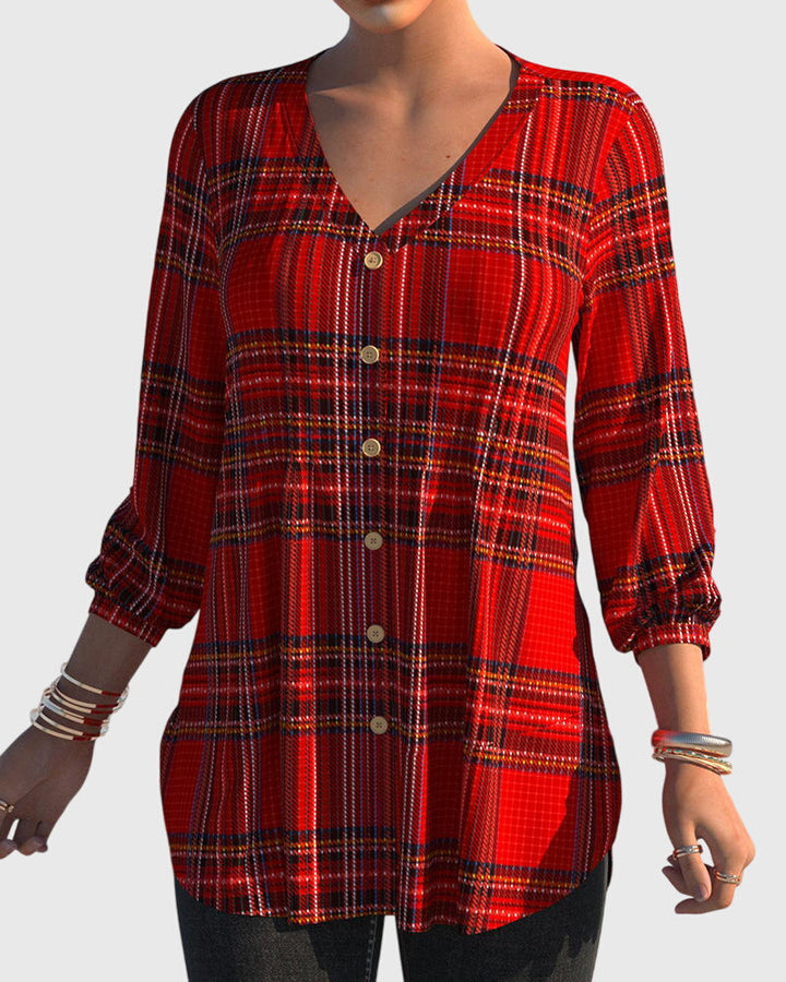 Button-up Plaid Blouse with V-Neck
