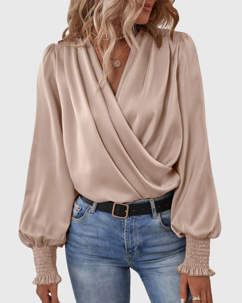 V-Neck Elegant Solid Color Blouse with Balloon Sleeves