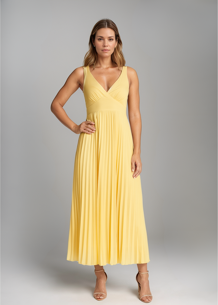 Lydia - Midi Dress with Pleats and V-Neckline