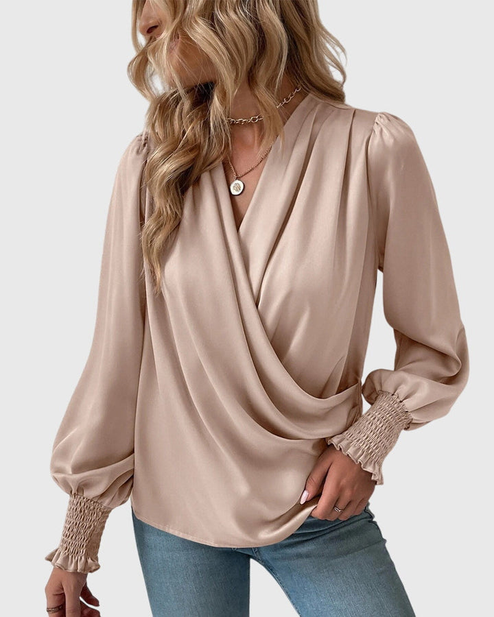 V-Neck Elegant Solid Color Blouse with Balloon Sleeves