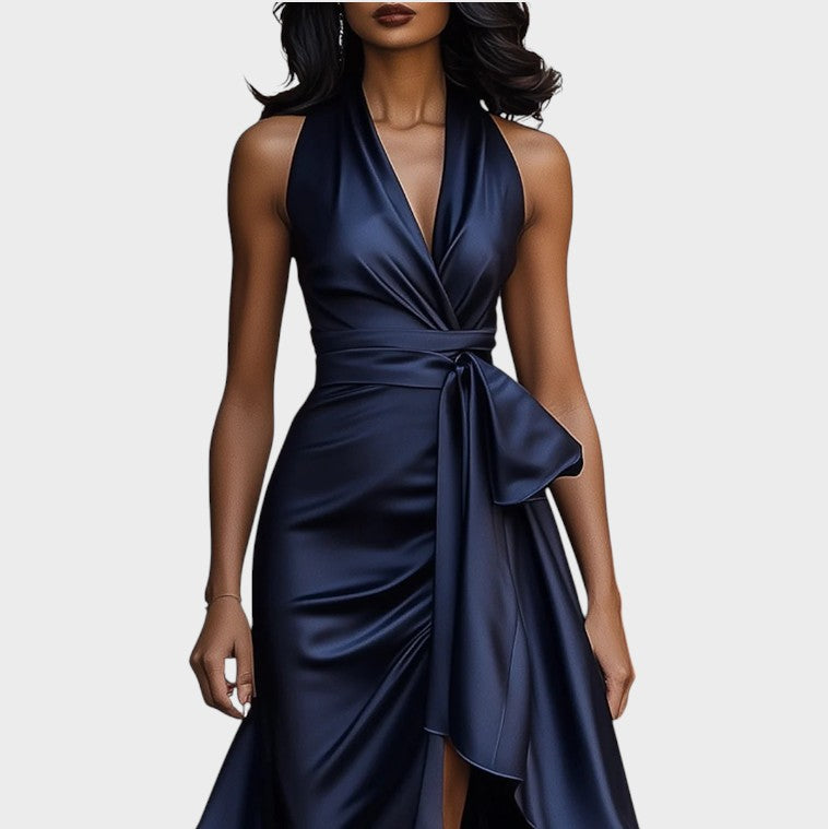 Lina - Elegant Midnight Satin Gown with Ankle-Length Collar and Ruffle