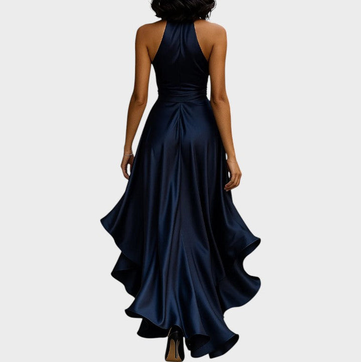 Lina - Elegant Midnight Satin Gown with Ankle-Length Collar and Ruffle