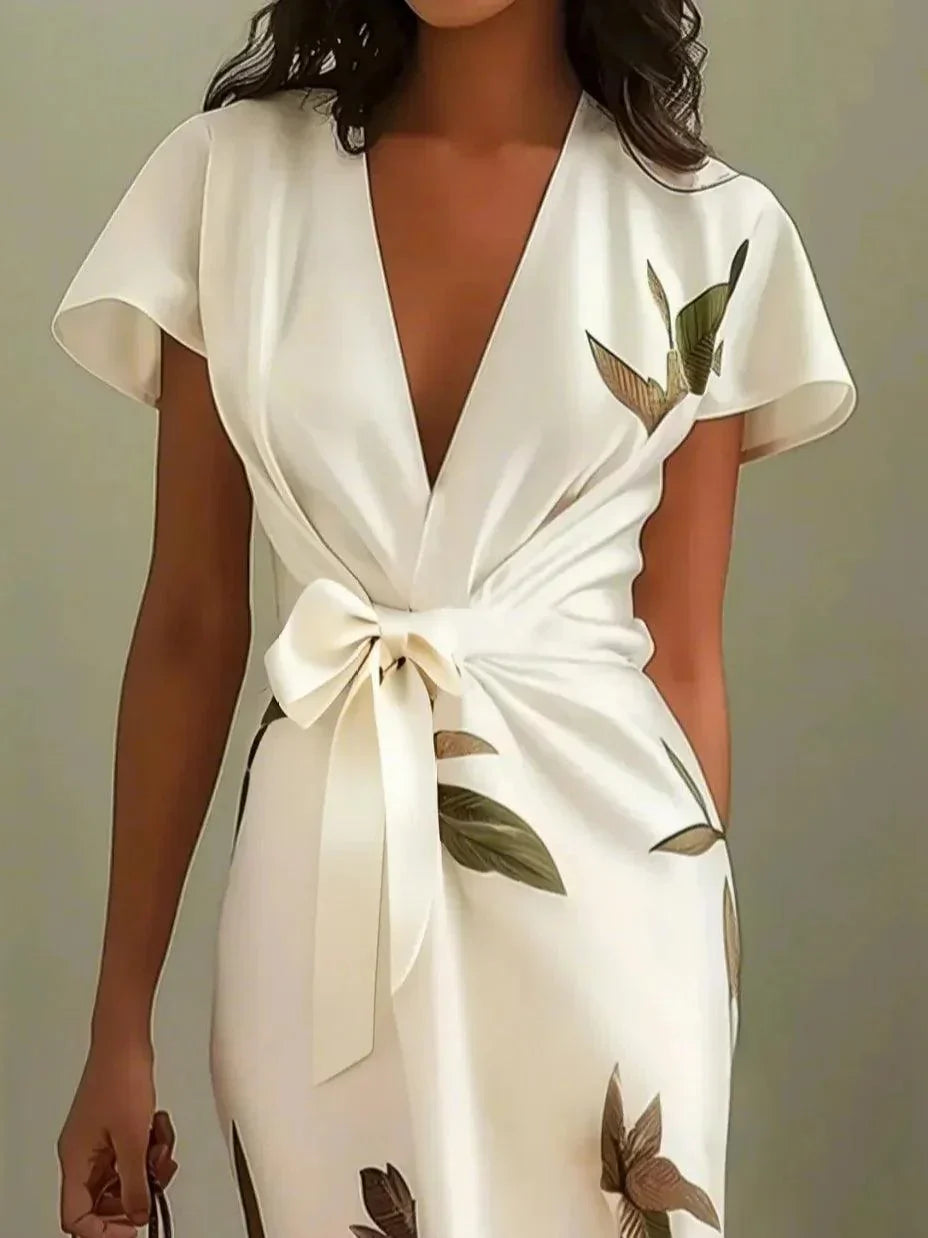 Shine - White Leaf-Patterned Midi Dress