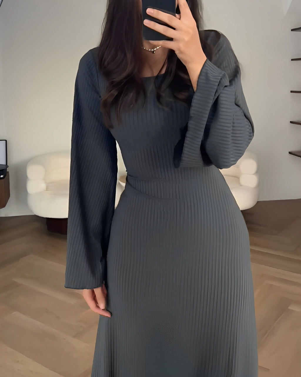 Nori - Striped Knit Maxi Dress with Sleeves