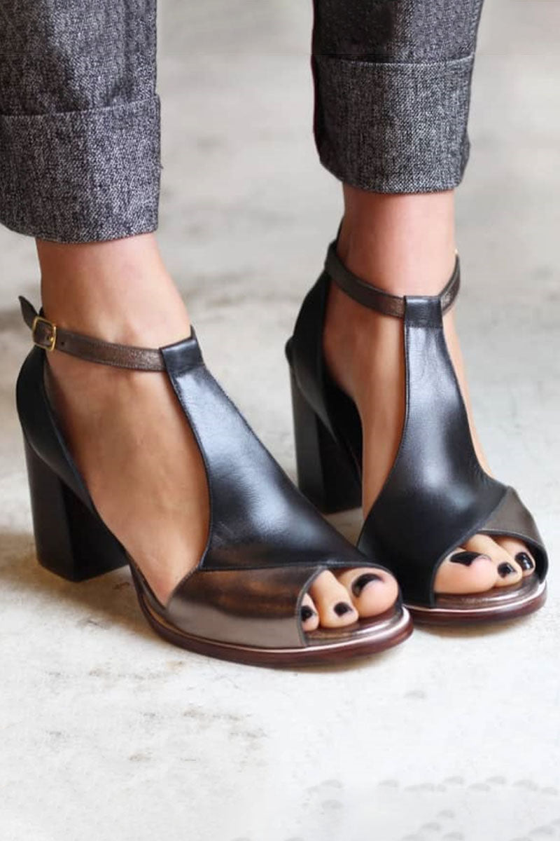 Nadaria | Black Peep-Toe Patchwork Sandals with Heel