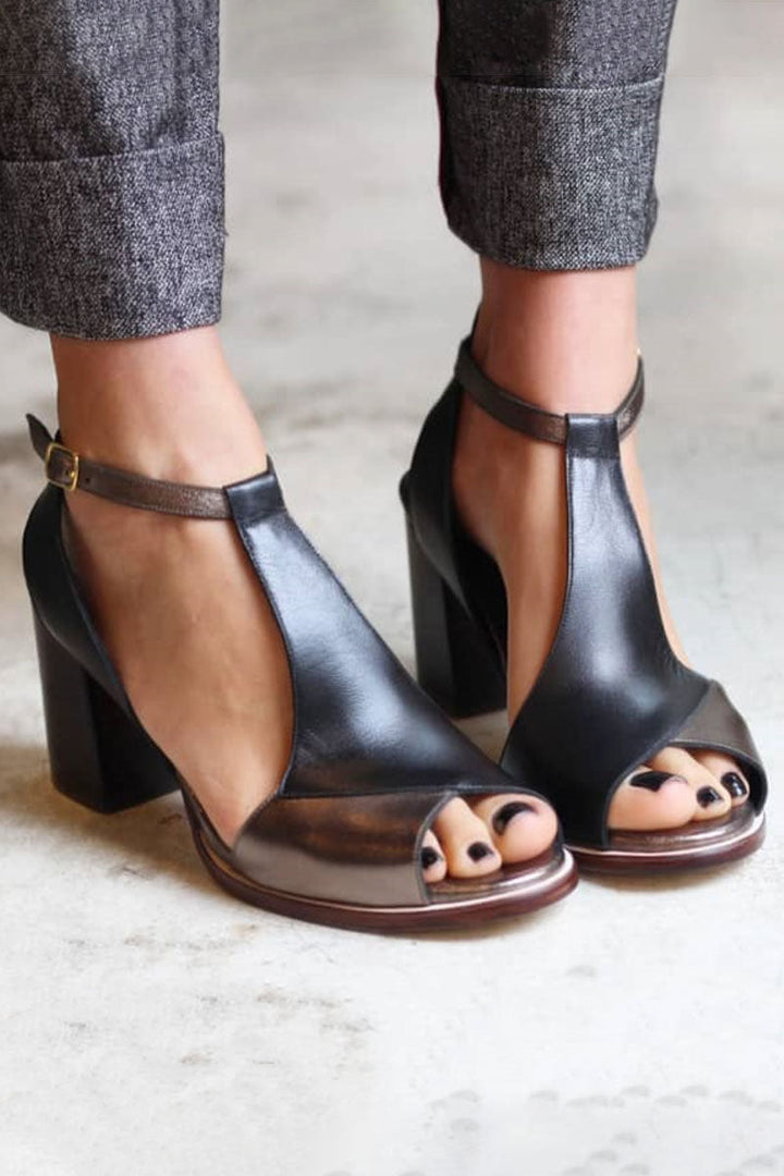 Nadaria | Black Peep-Toe Patchwork Sandals with Heel