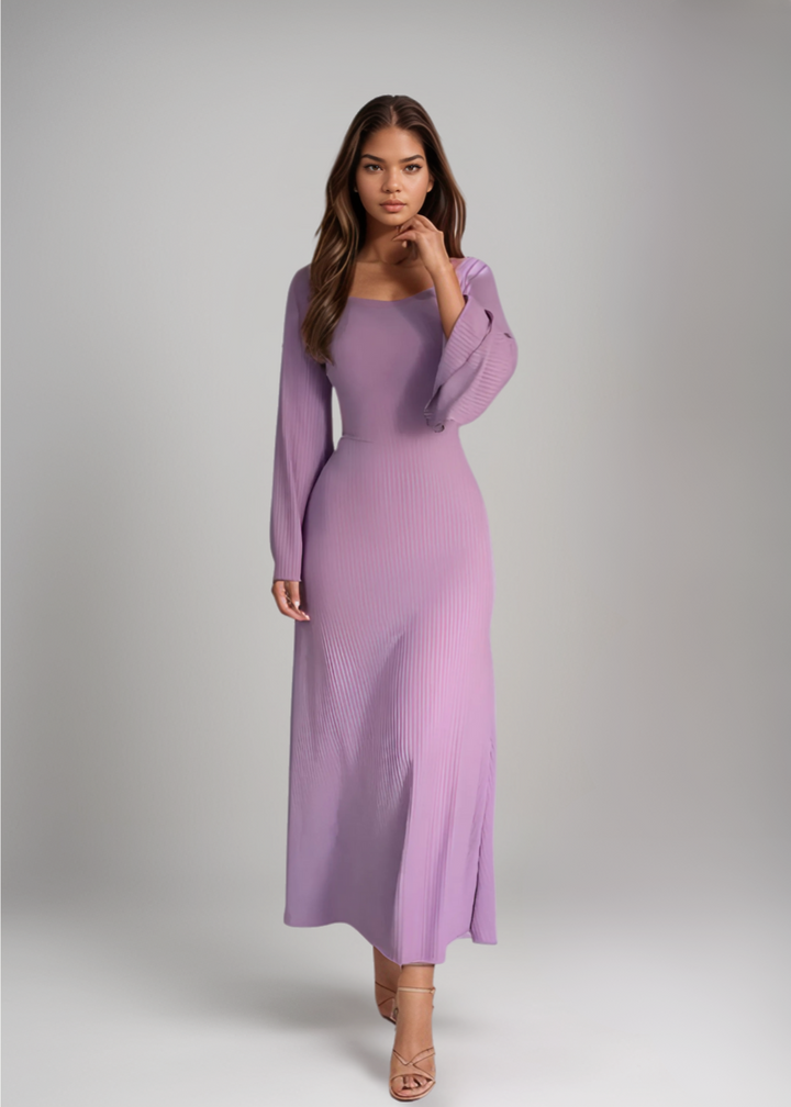 Nori - Striped Knit Maxi Dress with Sleeves