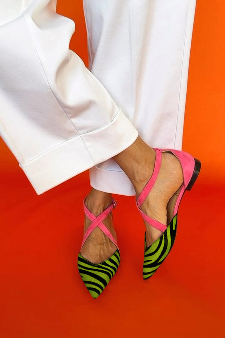 Zarella | Flat Zebra Print Sandals with Crossed Straps Around the Ankle