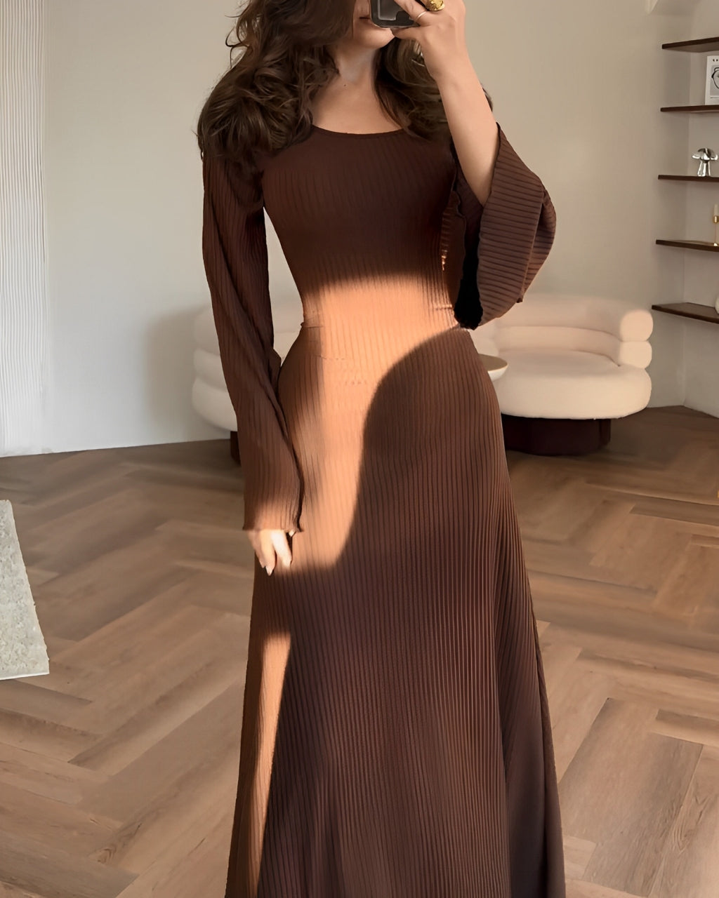 Nori - Striped Knit Maxi Dress with Sleeves