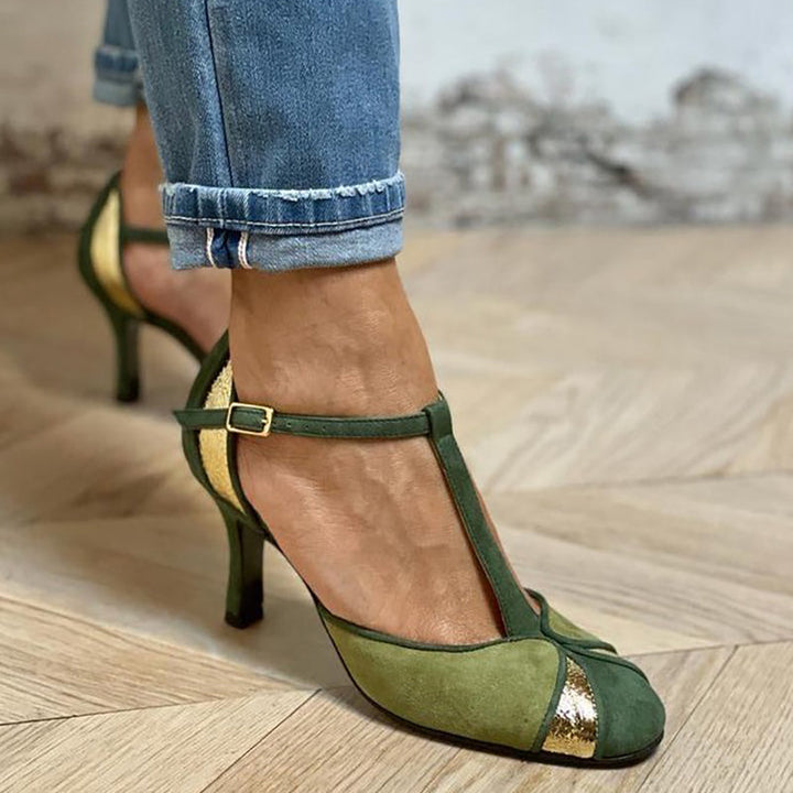 Taviana | Patchwork Pumps with T-Strap and Closed Toe