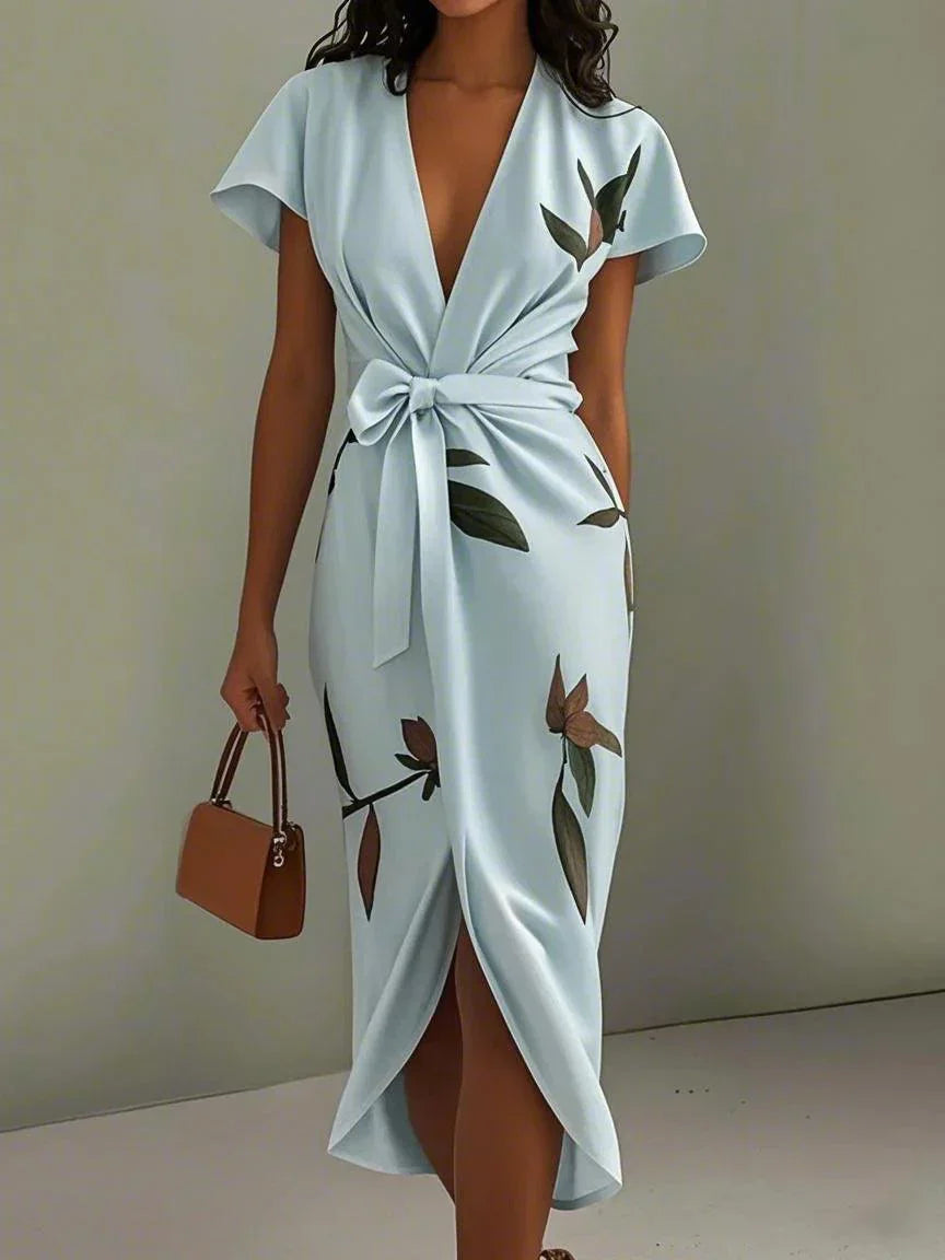 Shine - White Leaf-Patterned Midi Dress