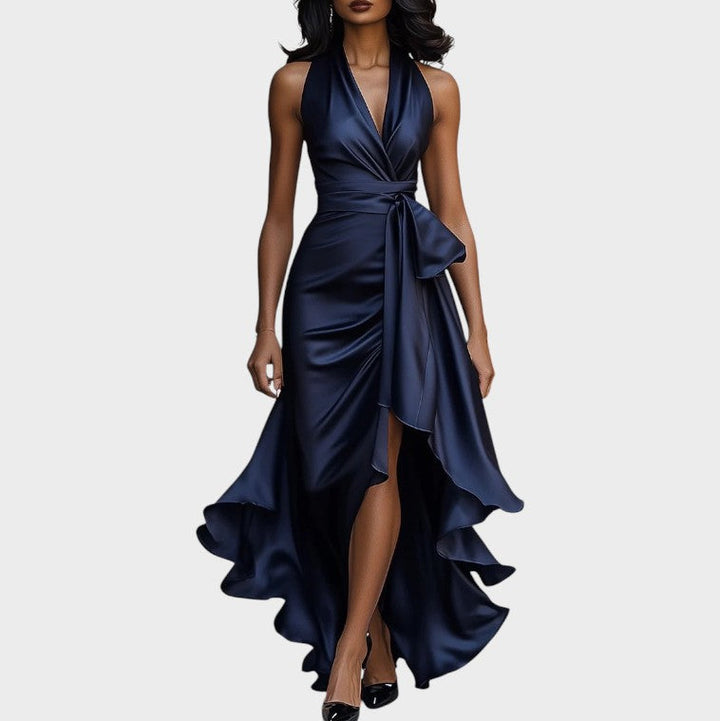 Lina - Elegant Midnight Satin Gown with Ankle-Length Collar and Ruffle