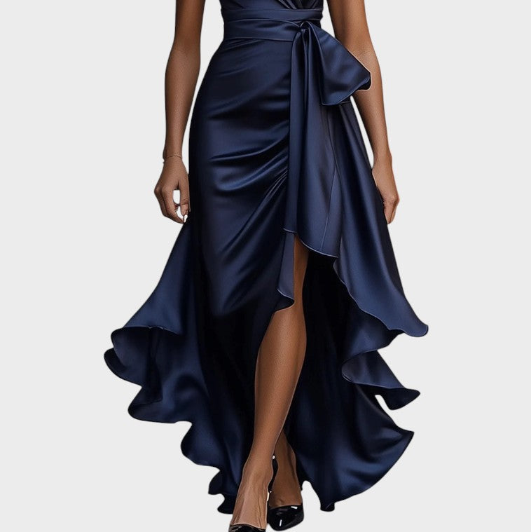 Lina - Elegant Midnight Satin Gown with Ankle-Length Collar and Ruffle
