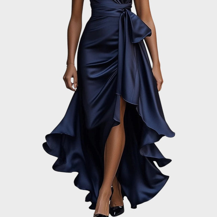Lina - Elegant Midnight Satin Gown with Ankle-Length Collar and Ruffle