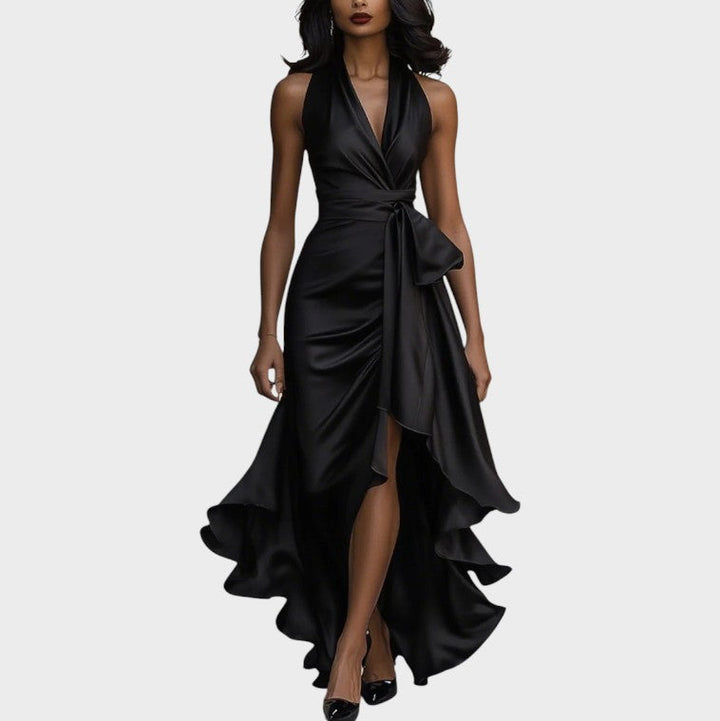 Lina - Elegant Midnight Satin Gown with Ankle-Length Collar and Ruffle